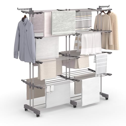 IDMarket - Séchoir à Linge Vertical Pliable et Extensible 4 Niveaux Maxi capacité 50M INOX et Gris