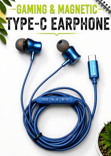 Image of Gaming Type-C Wired Earphone with Mic, 10mm Dynamic Bass Driver, Magnetic in-Ear Headphones, Low Latency Sound for Gaming, 1 Button Control, HD Calling, Voice Assistant, (Royal Blue)