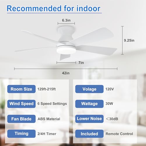 Image of Depuley 42-Inch Ceiling Fans with Lights: Flush Mount Ceiling Fan with Remote Control Indoor /Outdoor - White 5 Blade Low Profile Fandelier for Kitchen Gazebo - Reversible Quiet Timer - 2 Packs