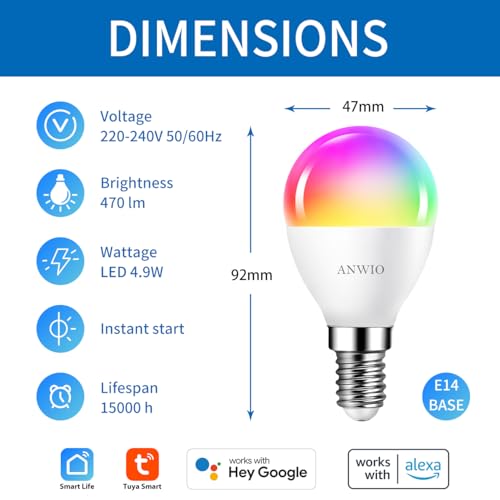 ANWIO E14 Smart Bulb,Alexa Light Bulbs,RGB Colour Changing Bulbs,Smart Life App Control,Bluetooth & WiFi Bulb,470LM, 5W Replace 40 Watt,Works with Alexa, Echo,Google Assistant (4 Pack) - Image 3