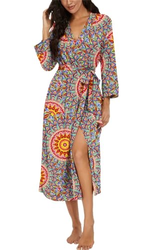 PrinStory Damski szlafrok kąpielowy z rękawami 3/4, szlafrok poranny, dekolt w serek, kimono, długi szlafrok nocny, M