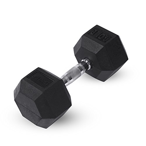 Day 1 Fitness Rubber Hex Dumbbell Shaped Heads to Prevent Rolling and Injury - Ergonomic Hand Weights for Exercise, Therapy, Building Muscle, Strength and Weight Training - 40 lb Single
