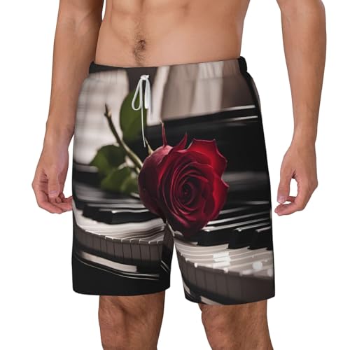Red Rose On Piano Men's Soft Double Swim Shorts, Lounge Swiming Shorts Pants Breathable Summer2