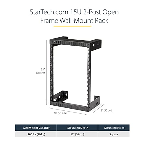 Image of StarTech 15U 2-Post Wall Mount Open Frame Rack, 19in, 200lb (RK15WALLO) | 11.9in /30.3cm fixed mounting depth, SPCC cold-rolled steel, M6 cage nuts and screws, Heavy-duty 90kg