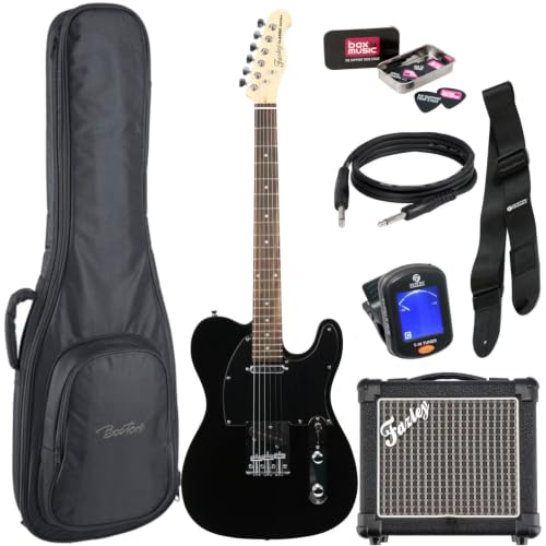 Fazley FTL218 Electric Guitar - Classic Series T-Style Solid Body Instrument - Beginner Friendly Twangy Sound - Comfortable Maple Neck - Black