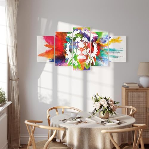 B&D XXL - Wandbilder XXL 200x100cm 5 tlg - Wand Deko Leinwand Bilder Groß Wanddeko Wohnzimmer Schlafzimmer Kunstdrucke - Abstrakt Tiere Löwe bunt g-C-0019-b-o