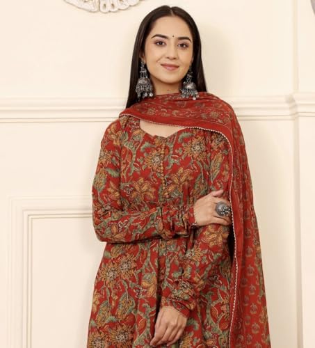 Image of Womens Kurta Anarkali Suit with Dupatta Ethinic Traditional Floral Long Sleeve Dress Set, Printed Kurta Palazzo With Dupatta