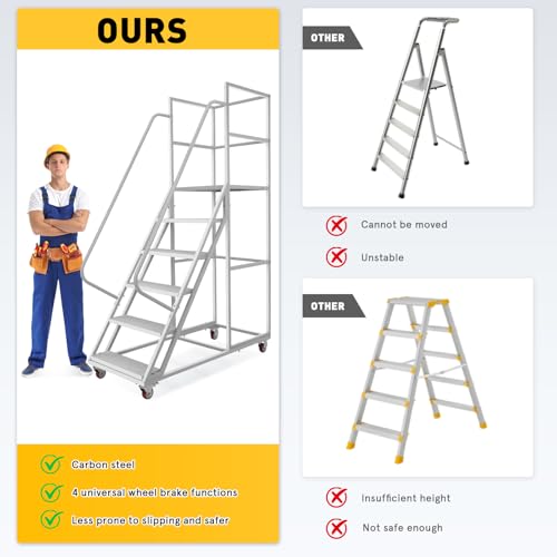 Image of 6 Step Rolling Ladder with Wheels, 1200LBS Capacity Industrial & Warehouse Rolling Stairs, Non-Slip Rolling Steps with Stair Edge Protector, Easy to Move Rolling Steps for Goods Shelves, 23.5 inchx51 inch