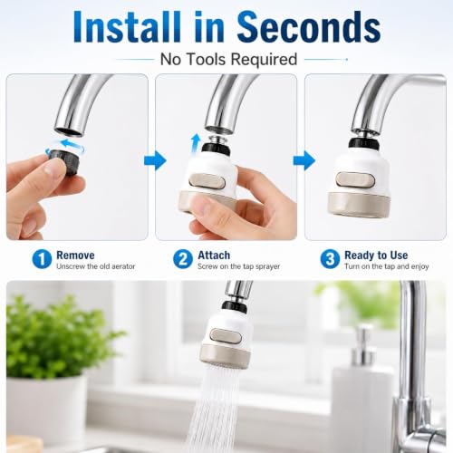Image of ROSE MI Flexible Kitchen Tap Head Movable Sink Faucet 360 Rotatable ABS Sprayer Removable Anti-Splash Adjustable Filter Nozzle Swivel Water Saving Aerator 3 Modes Kitchen tap, Polished (Pack of 2)