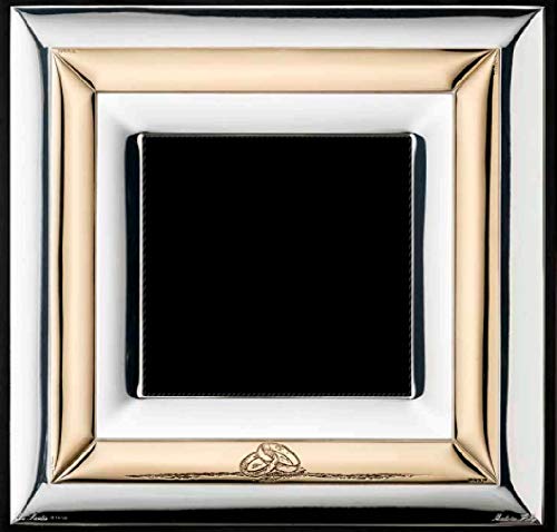Marco de fotos Gigante con alianzas de boda oro 50º aniversario y placa de plata 925 % y oro de 18 quilates, fabricado en Italia, 30 x 30 cm, cristal 15 x 15 cm, parte trasera de madera 1076/15-50