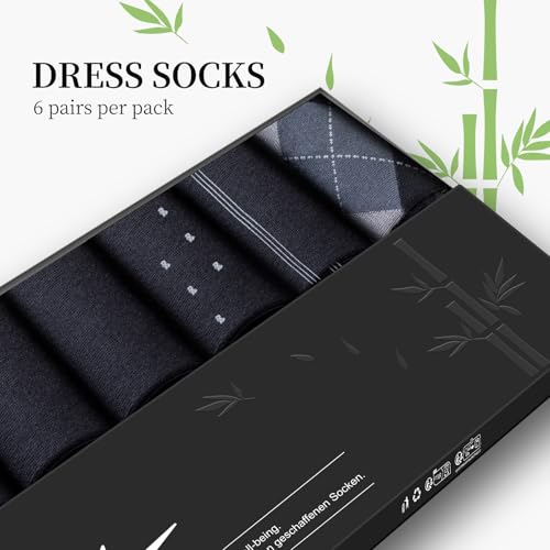 Image of Niorasen Men's Bamboo Rayon Dress Socks, 6 Pairs, Mid Calf | 90% bamboo rayon socks with breathable fabric and reinforced heel and toe; classic solid style for business and daily wear.