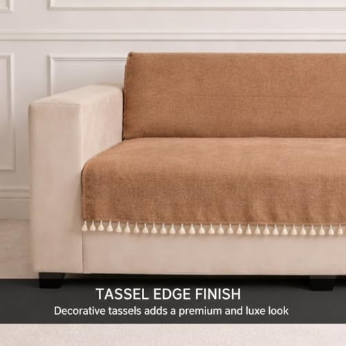 Image of STITCHNEST Jute Sofa Cover - Brown, 24x60 Inch | Soft Textured Fabric with Tassel| Full Coverage Sofa for Living Room Decor