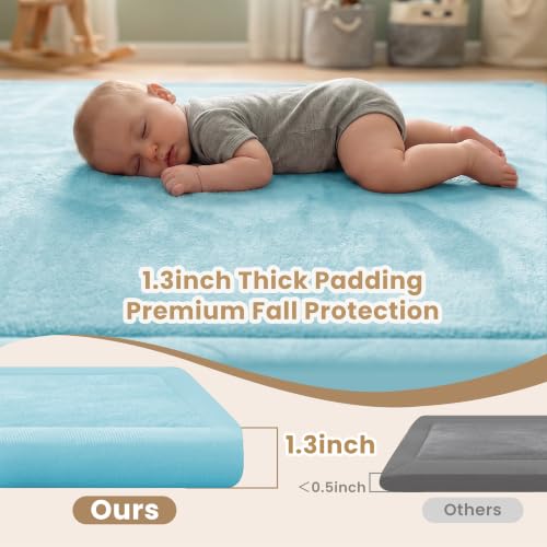 Image of ACOMOPACK Baby Play Mat for Floor 1.3 inch Thick Memory Foam Play Mat 59 inchx71 inch Tummy Time Crawling with Non-slip Bottom for Living Room,Nursery,Soft Velvet Playpen Mats for Kids,Infants(Light Blue)