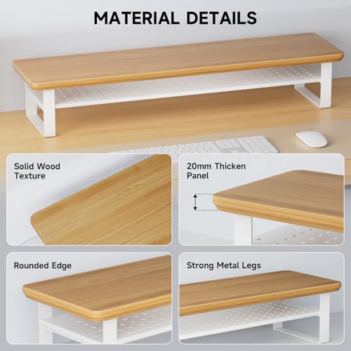 Image of Dual Monitor Stand, 35.4 Inch Monitor Stand Riser for 2 Monitors, 2 Tiers Wood Desk Shelf with Storage, Desktop Organizer Stand for Computer, Laptop, Printer, TV