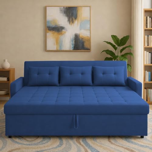 Image of Emilio 3 Seater Pull-Out Sofa Cum Bed (Blue Color) Premium Fabric Sofa Set for Living Room | Bedroom