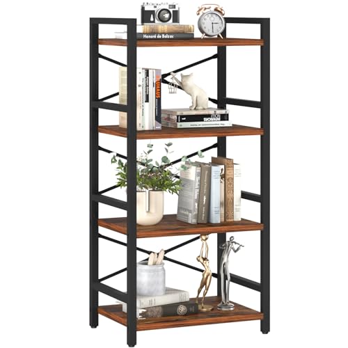 Yoobure 4 Tier Bookshelf – Small Book Shelf Industrial Bookcase, Narrow Book Case Book Storage Organizer for CD/Movie/Book, Bookshelves for Bedroom Office Living Room Berry Brown
