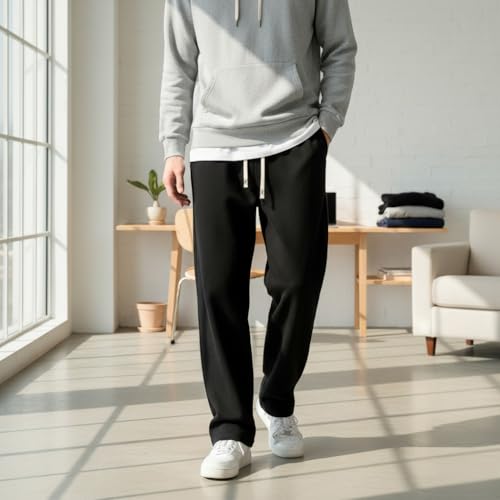 Image of Men's Baggy Trousers for Men Loose Fit Korean Style Wide Leg Casual Pants Elastic Waist Comfortable Streetwear Black Gym Wear Lounge Travel Bottom Wear