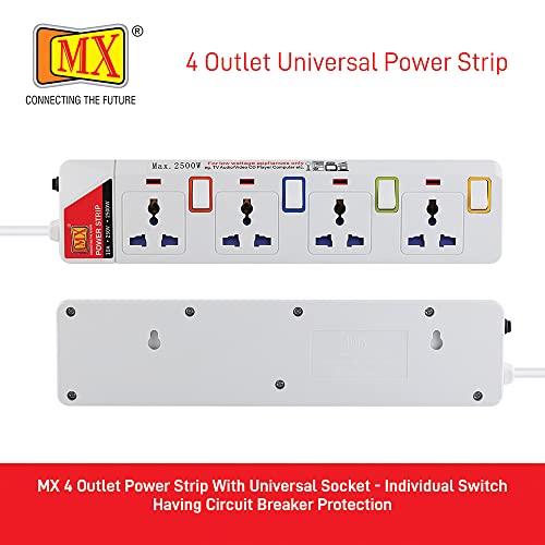 Image of MX 4 Sockets Power Strip with Universal Socket - Individual Switch with Circuit Breaker Protection Spike Guard Extension Board - (15 Foot) Power Cable - 5 Amp (5Mtr) White