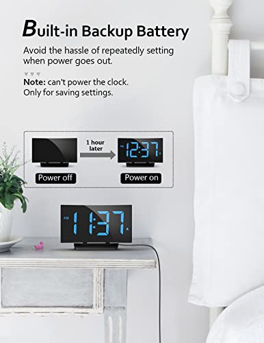 Digital Alarm Clock For Bedrooms, Digital Clock With Modern Curved Design, Conspicuous Blue Led Numbers, 6 Levels Brightness, 2 Volume, 3 Alarm Tones, Snooze, Power-Off Memory, 12/24H, Bedside Clock #TOP5