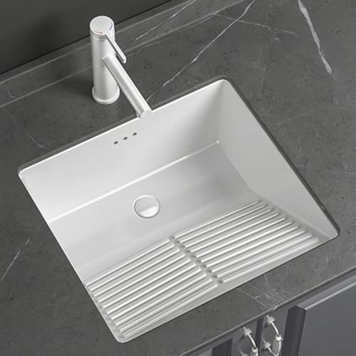 Moderno fregadero cuadrado de cerámica para baño y lavandería, porcelana blanca con escurridor de desbordamiento y tubo de drenaje, 50 x 46 x 22 cm