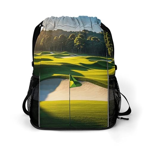Green Golf Course Drawstring Backpack, Dry Wet Separate Gym Bag Unisex Sports Drawstring Bag for Work, Fitness