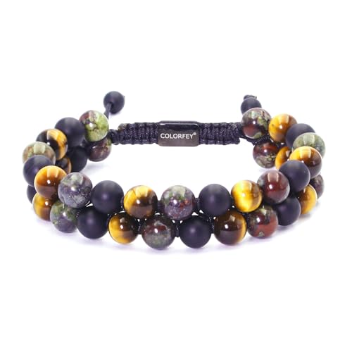 Triple Protection Bracelets for Men Protection Crystals Energy Beads Tigers Eye Onyx Bloodstone Mens Beads Bracelet Double Wrap, Natural Stone Crystal Bracelet for Men Gifts for Him Balance