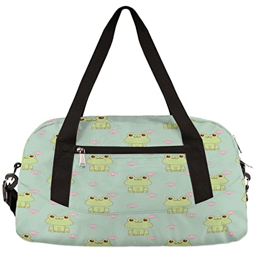 Frog Lotus Theme Kids Duffel Overnight Bag for Kids, Sports Gym Bag Cute Animal Frog Weekender Carry On Travel Tote Bag for Teen Boys Girls