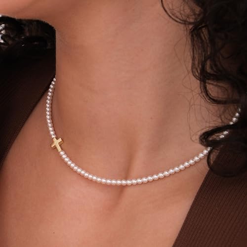 MIONZA 18K Gold Vermeil Sideways Cross Pearl Necklace, Dainty Faith-Inspired Jewelry for Women, Adjustable Beaded Strand with Gold Accent, Gift for Her3