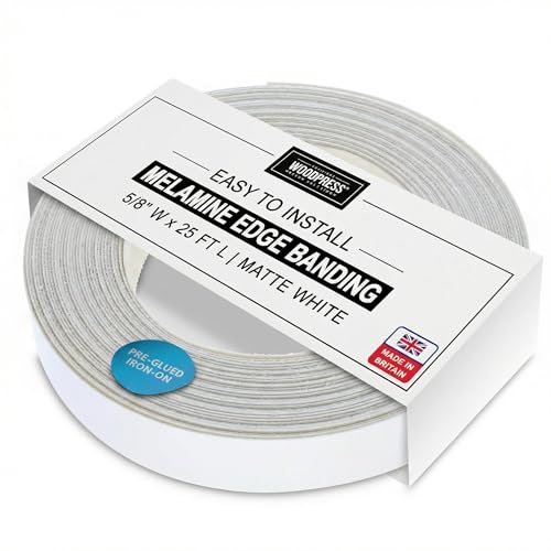 Image of WoodPress 5 /8 inch Matt White Melamine Edge Banding, Pre-Glued Veneer Tape - 25 ft Roll - Iron-On for Easy DIY Application - Will Cover The Edge of a Standard 8' x 4' MDF Panel