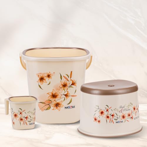 Nayasa Plastic Sqr DLX 3 Pcs Bathroom Set | Bucket 18 L + Mug 1.5 L + 508 DLX Stool | Bathroom Set | Bath Set for Bathroom | Off - White