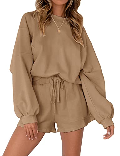 Image of MEROKEETY Women's 2023 Fall Oversized Batwing Sleeve Lounge Sets Casual Top and Shorts 2 Piece Outfits Sweatsuit