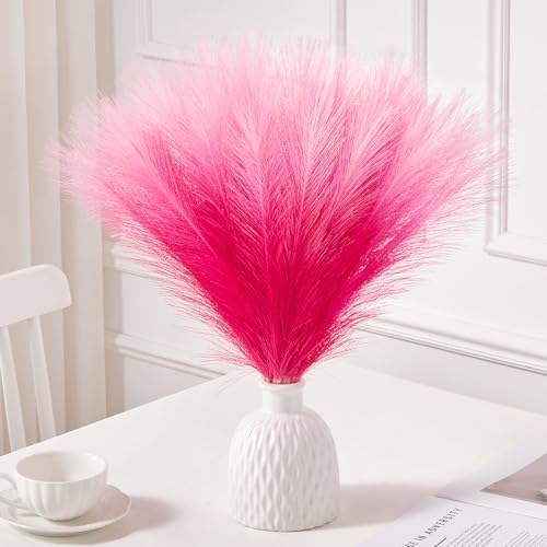 Image of Serwalin Gradient Hot Pink Pampas Grass Decor, 17.7 Inch 6pcs Faux Pampas Grass, Artificial Pampas Grass for Wedding Table Centerpieces Decoration
