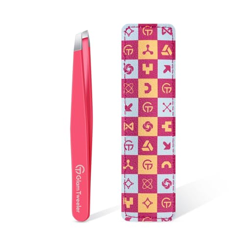 Expert Eyebrow Hair Removal Tweezer with Leather Case GlamTweeler High Precision Slant Tip Stainless Steel Tweezers for Men and Women (Hot Pink)