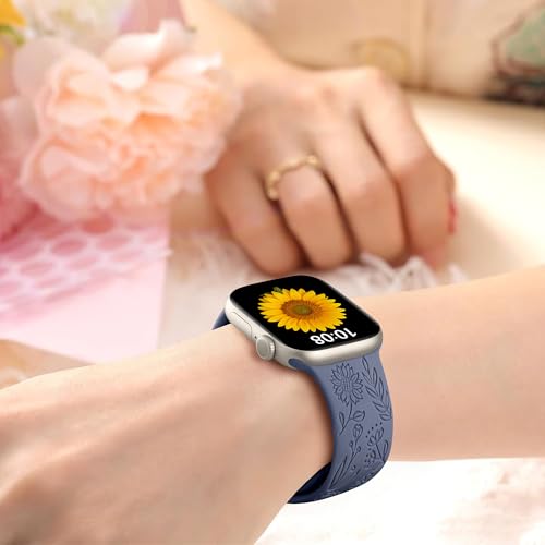 Image of SNBLK 6 Pack Floral Engraved Bands Compatible with Apple Watch Bands 40mm 41mm 42mm 38mm 44mm 45mm 46mm 49mm Women Men, Silicone Flower Pattern Strap for iWatch Series 11 10 Se Ultra 9 8 7 6 5 4 3 2 1