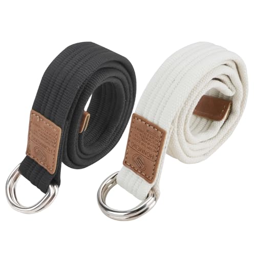 2 Pack Canvas Web Belts for Men Women, Men’s Soft Fabric Belts Casual with Double D-ring Buckle, Adjustable Wide Solid Belt (Black + White)