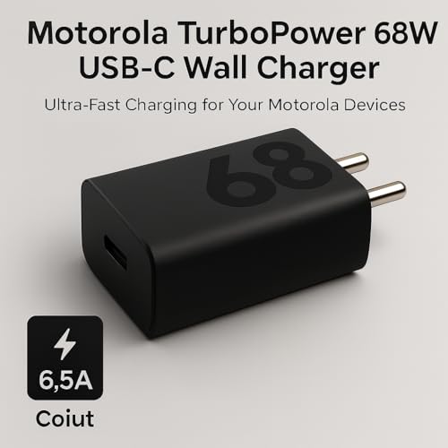 Image of Motorola 68W Type C TurboPower Charging Adapter for Motorola Edge 60 Pro, Moto 60 Fusion, 50 Fusion, Moto G96, G85, Razr 60, 60 Ultra, Edge 50, G35, G64, Think Phone, Tab, Buds | 68 W Charger, Black