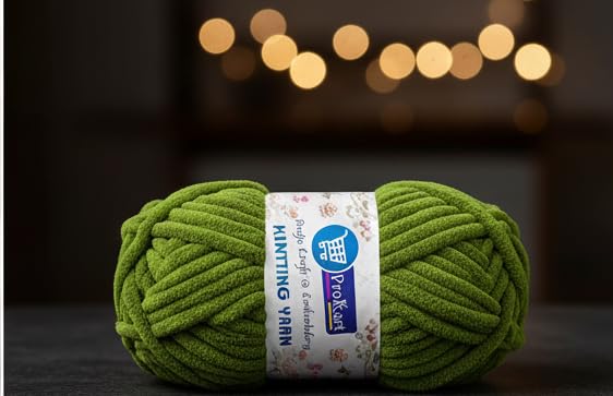 Image of ProKart Premium Blankie Wool, Plush & Cuddly, Chenille Yarn Supersoft Hand Knitting Wool Ball | Blanket Thick /Mottu Yarn Ball Suitable for Hand Knitting and Crocheting for Baby, Adult, Sweaters, caps, Throws, Home Furnishing, Scarves, Blankets (Mehndi Green, 100gms x 1 Pack)