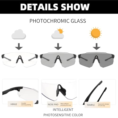 GNOLONG Winddichte Photochrome Radsport Sonnenbrille Rahmenlose Sonnenbrille UV400 Schutz Sportbrillen für Männer Frauen Radfahren Laufen Reiten (Black)