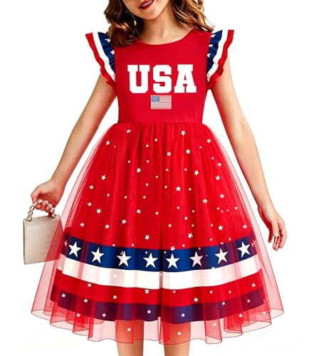 Image of Girls 4th of July Dress American Patriotic Outfit USA Independence Day Clothes Flutter Sleeve Tulle Tutu Dress 5-14y