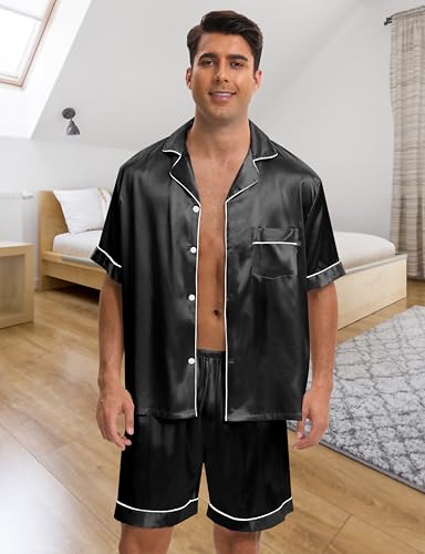 Silk Pajamas for Men 3 Piece Mens Summer Satin Pajamas Set Short Sleeve Men's Sleepwear with Pants Eye Mask3