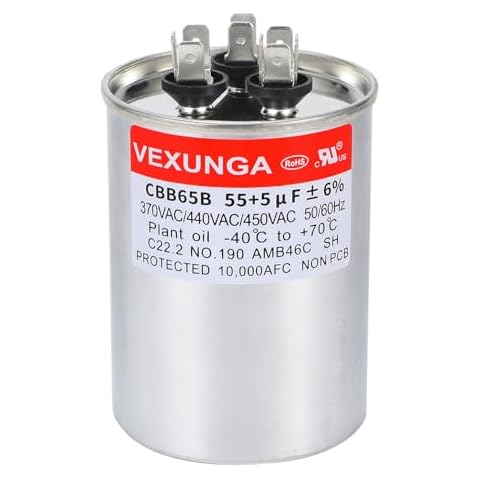 VEXUNGA AC Capacitor 55+5 uF 55/5 MFD 370 or 440 or 450 VAC CBB65B Dual Run Start Capacitors for Air Conditioner Compacitor Motor or Compressor Fan or Condenser Straight Cool Cover