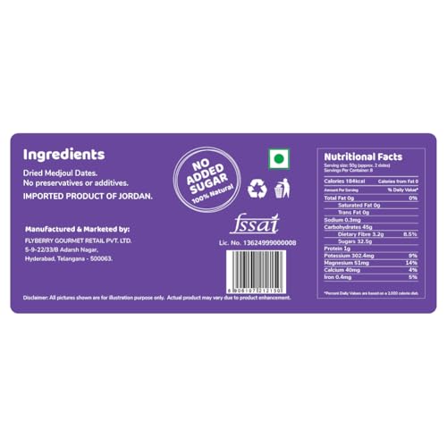 Image of Flyberry Gourmet Jumbo Medjoul (Medjool) Dates | Rich Source of Potassium & Iron | No Added Sugar or Preservatives | Low GI Energy Snack | Khajoor | Khajur | 400 g