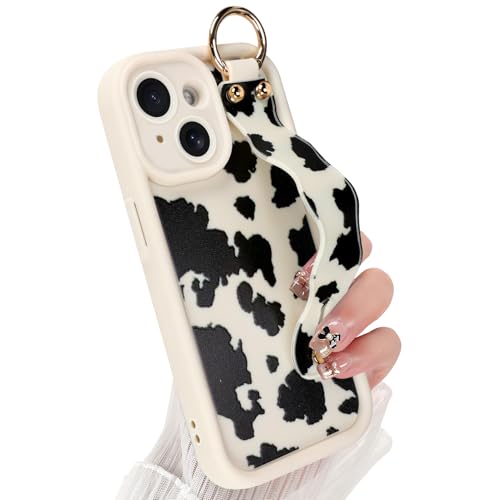 Jefonha Cute for iPhone 15 Case with Strap Stand, Milk Cow