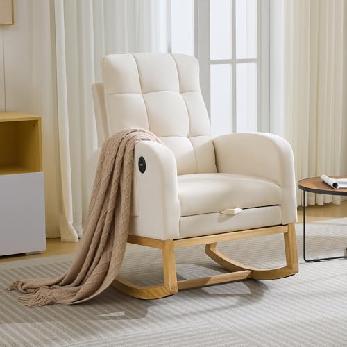 Garvee Modern Nursery Rocking Chair, Comfortable Glider Rocker Chair with Side Pocket & USB Port and Footrest, High Backrest Rocker Recliner for Nursing Room, Living Room, Bedroom, Linen(Beige) by Garvee - Used condition - Image 8