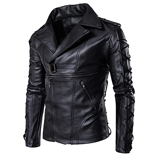 Men’s Laced Military Gothic Black Genuine Sheepskin Racer Classic Fit Biker Leather Jacket3