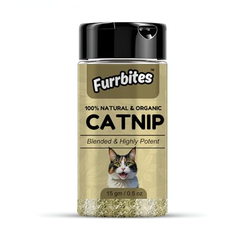 Furrbites 100% Natural & Organic Catnip Blended & Highly Potent Easy-to-Use Airtight Jar for Freshness | 15 gm / 0.5 oz