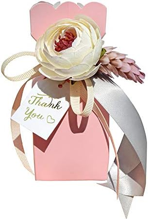 Amoleya Favor Boxes,Pack of 20 pcs DIY Wedding Favors Candy Boxes with Ribbon and Flower for Engagement, Bridal Shower Party, Princess Pink