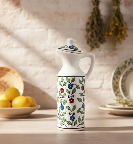 Image of Multi-Floral Printed Oil Dispenser Bottle for Kitchen | 300ml Ceramic Oil Container with Lid & Pour Spout | Leakproof Dispenser for Cooking, Vinegar & Olive Oil
