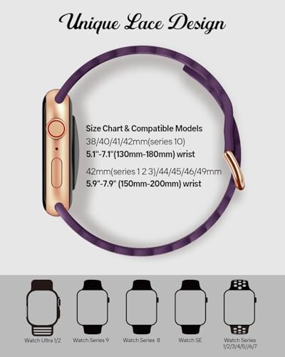 Sunnywoo Lace Sport Silicone Band Compatible with Apple Watch 38mm 40mm 41mm 42mm 44mm 45mm 46mm 49mm for Women, Soft Wristband Waterproof Replacement for iWatch Series Ultra 10 9 8 SE 7 6 5 4 3 2 1