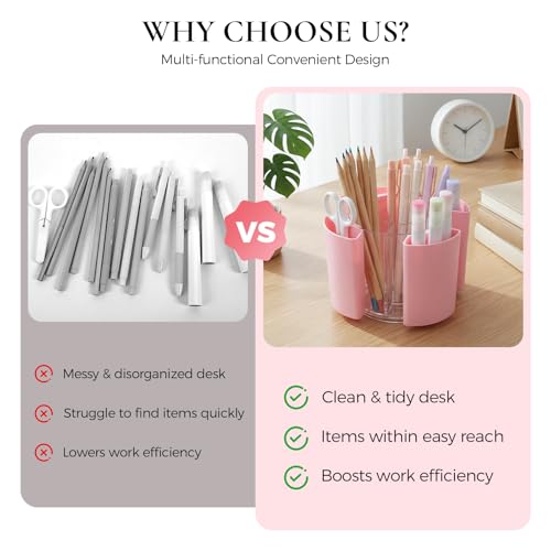 KONVINIT Pink Pen Holder for Desk, 5 Slots 360° Rotating Pen Organizer, Cute Desk Organizers and Accessories for School, Home, Office and Art Supply - Thumbnail 4